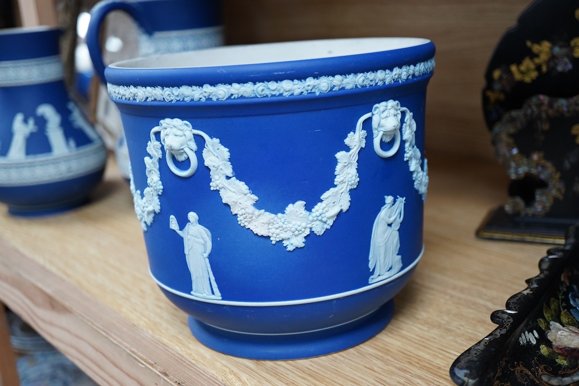 Three 19th century Wedgwood graduated jasper ware jugs and a jardiniere- 16.5cm